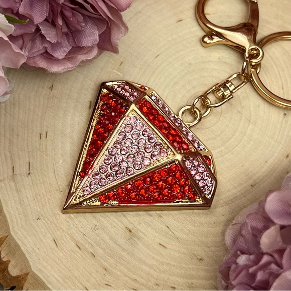 Red and Pink Crystal Gold Accented Diamond Keychain Charm - Picture 8 of 14